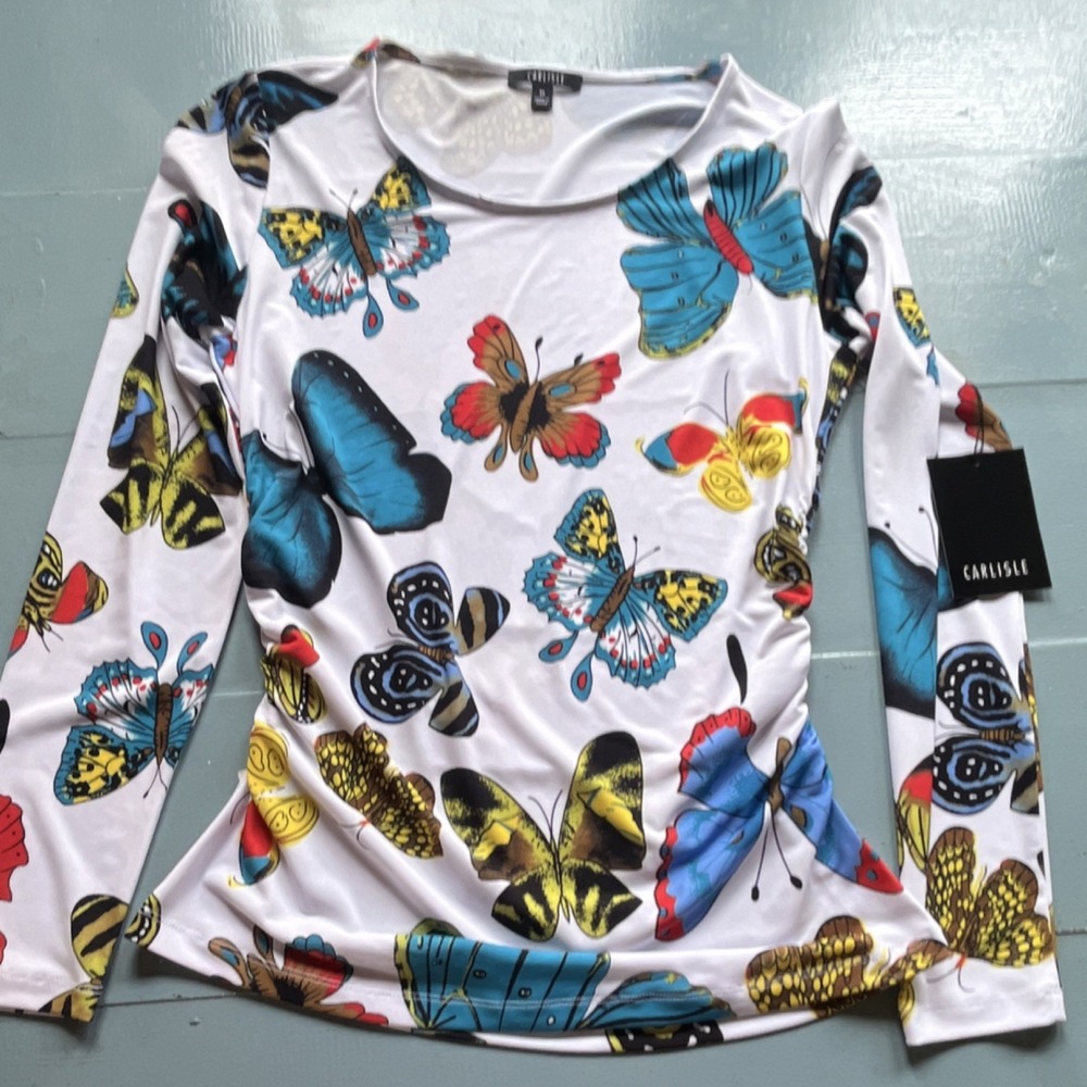 Carlisle White Multicolor Butterfly Print Long Sleeve Round Neck Top Size M